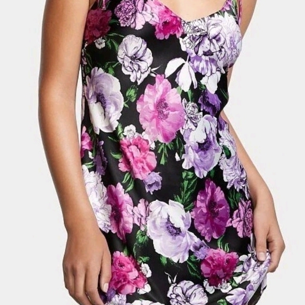 Victoria's Secret Pink Purple Floral Roses Black Mini Slip Dress Bow Ties